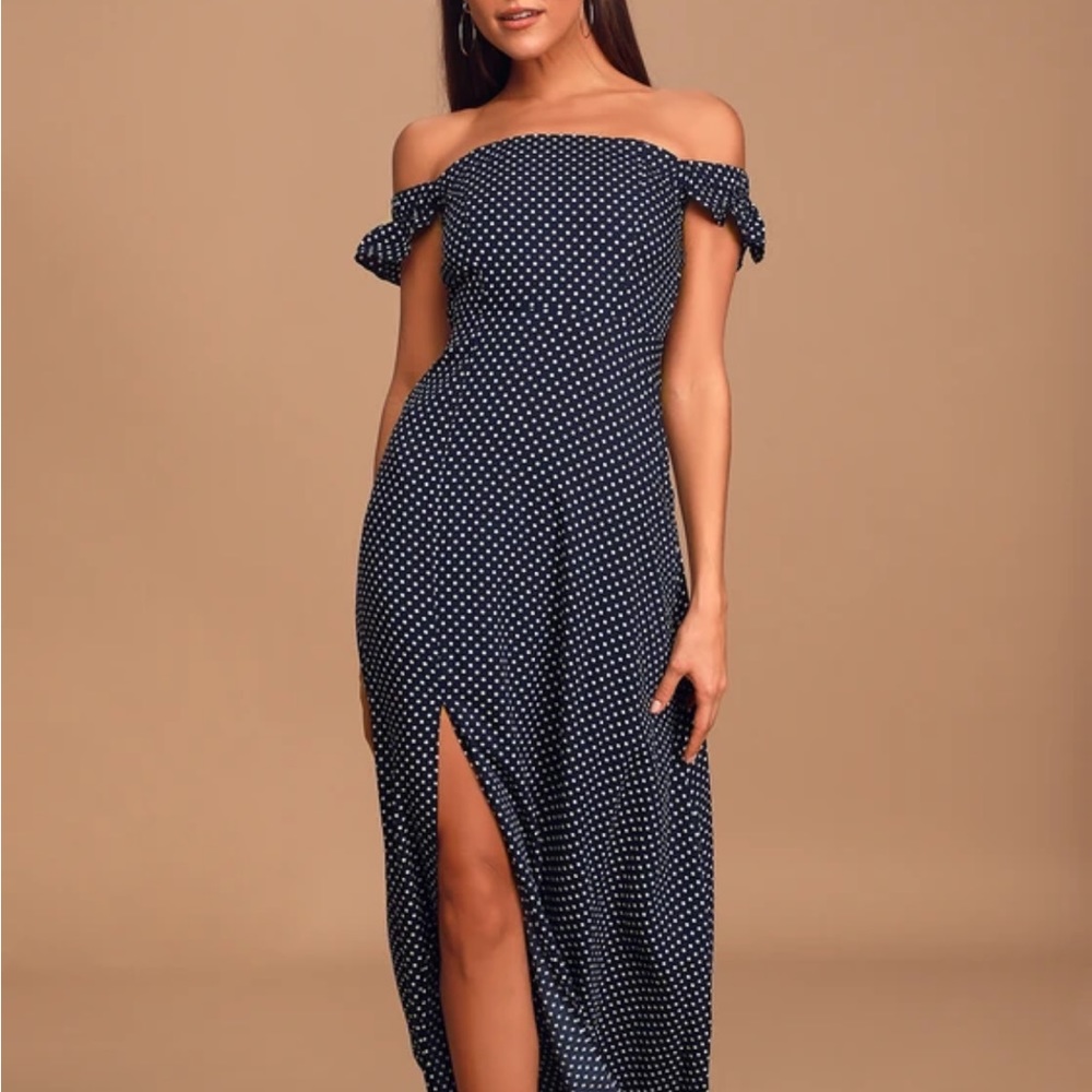 Lulus Dream Love Navy Blue Polka Dot Off-the-Shoulder Maxi Dress - Picture 2 of 10